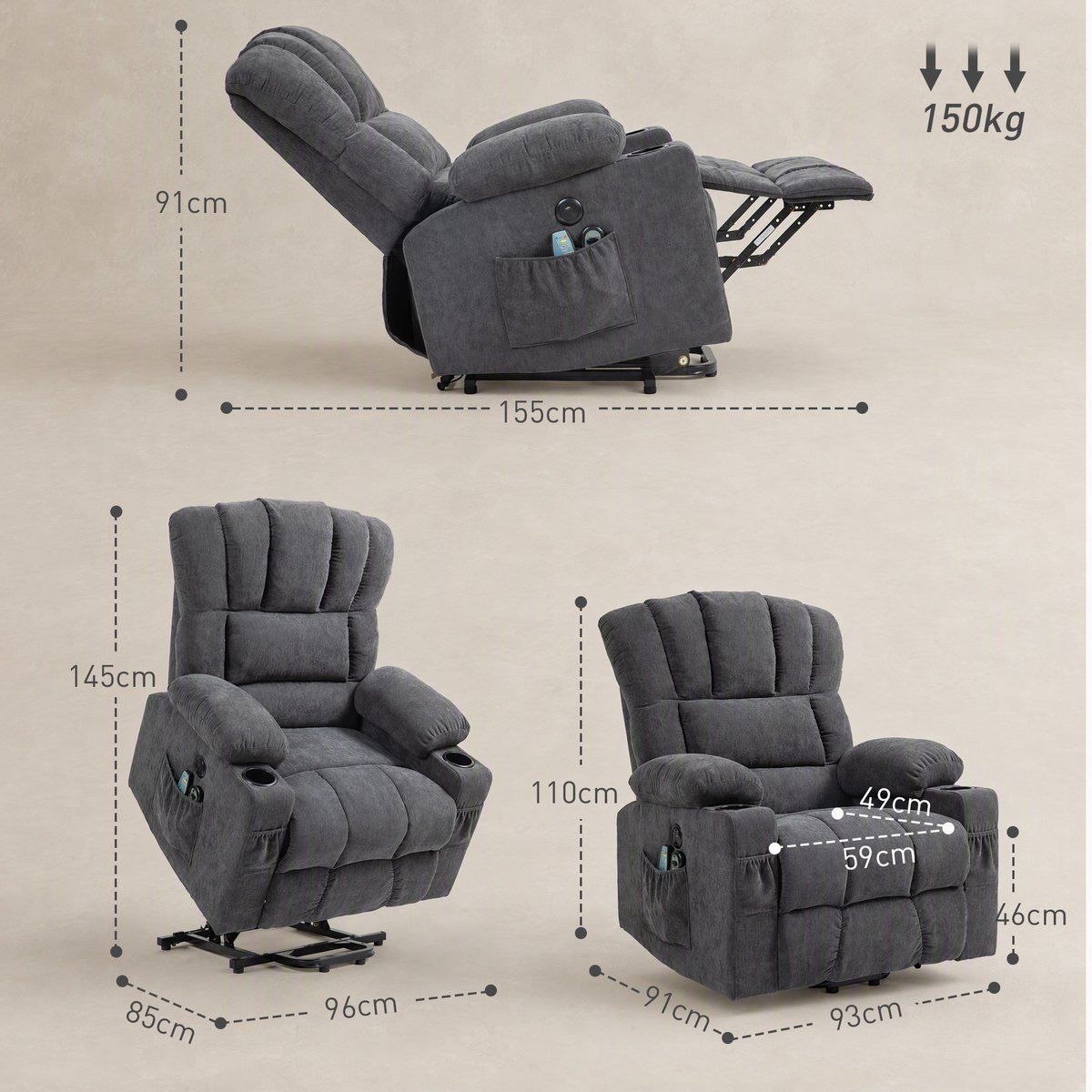 HOMCOM Elektrische Sta-op-stoel met Massage en Verwarming - Relaxfauteuil - TV-stoel - Sta-op-fauteuil - Donkergrijs – foto 4
