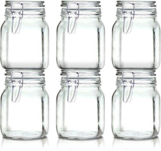 Ensemble de six bocaux en verre vides avec fermeture à clip, empilés en deux rangées de trois, sur fond blanc.