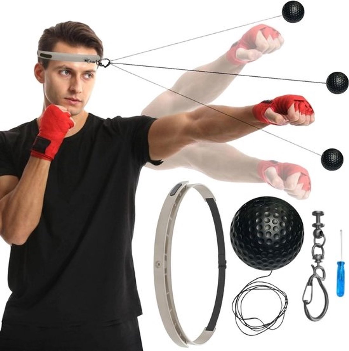 Boksen Training Bal - Reflex Bal - Hand Oog Coördinatie - Verstelbare Hoofdband - 6 cm Bal - Zwart