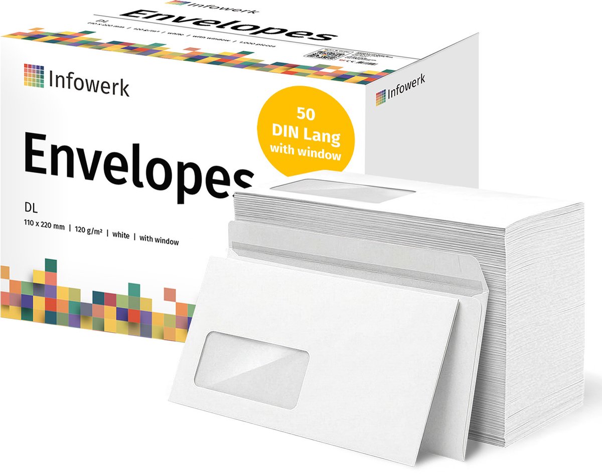 NIEUW: Infowerk Enveloppen met venster, DIN Lang, onbedrukt, 50 stuks