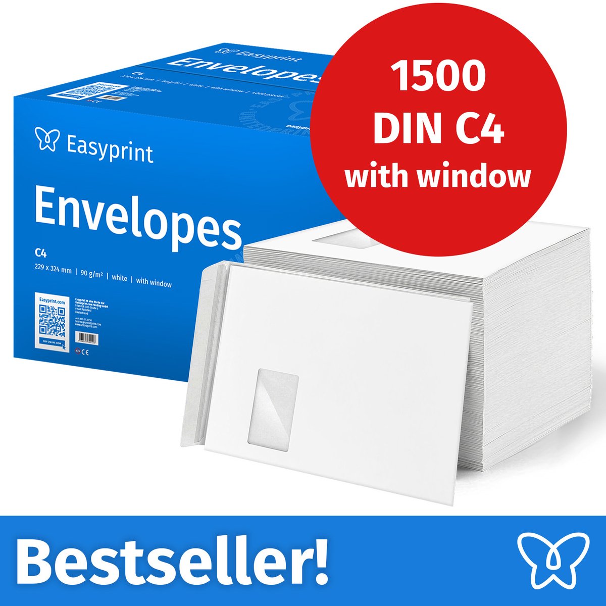 NIEUW: Easyprint Enveloppen met venster, DIN C4, onbedrukt, 1500 stuks