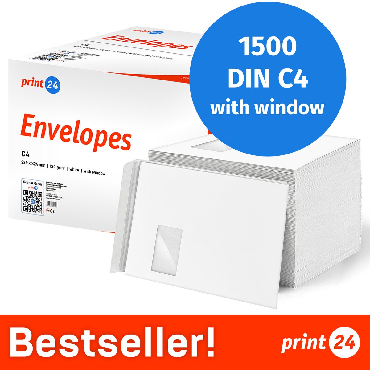 NIEUW: print24 Enveloppen met venster, DIN C4, onbedrukt, 1500 stuks