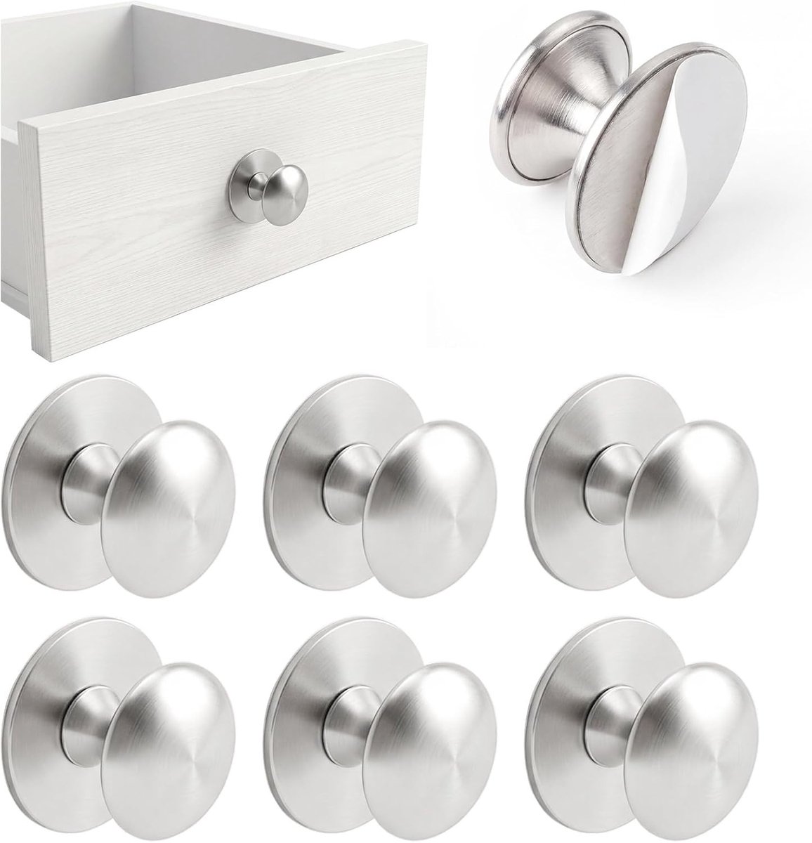 Ronde RVS Ladeknoppen, Zelfklevende Kastknoppen Zonder Boren, Deurhandgrepen Set van 6 voor Keuken en Meubels