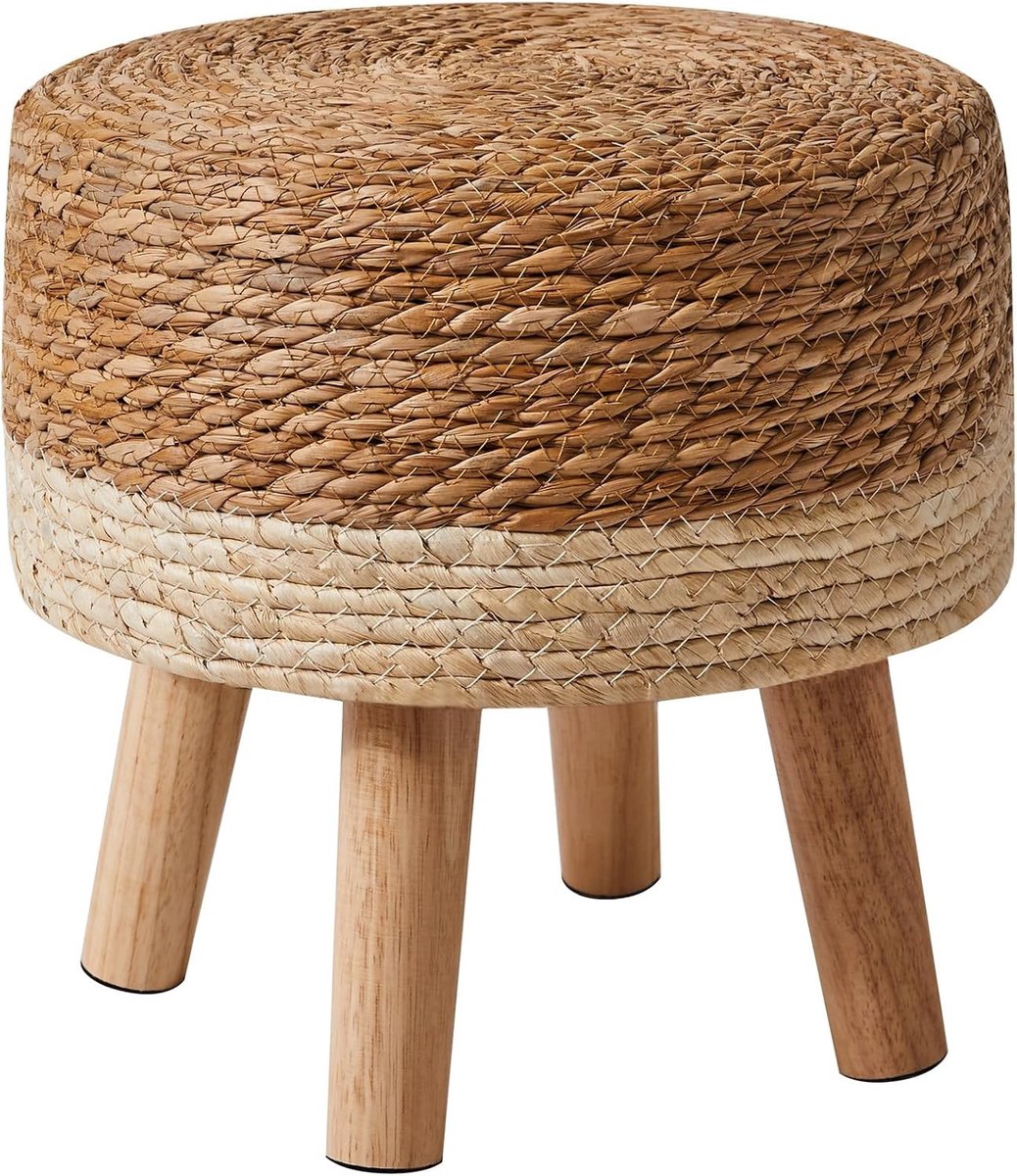 Ronde houten poef met handgeweven zitting, zacht gepolsterde voetenbank voor woonkamer en slaapkamer, 32 x 32 x 32 cm, beige, multifunctioneel en stijlvol interieuraccessoire