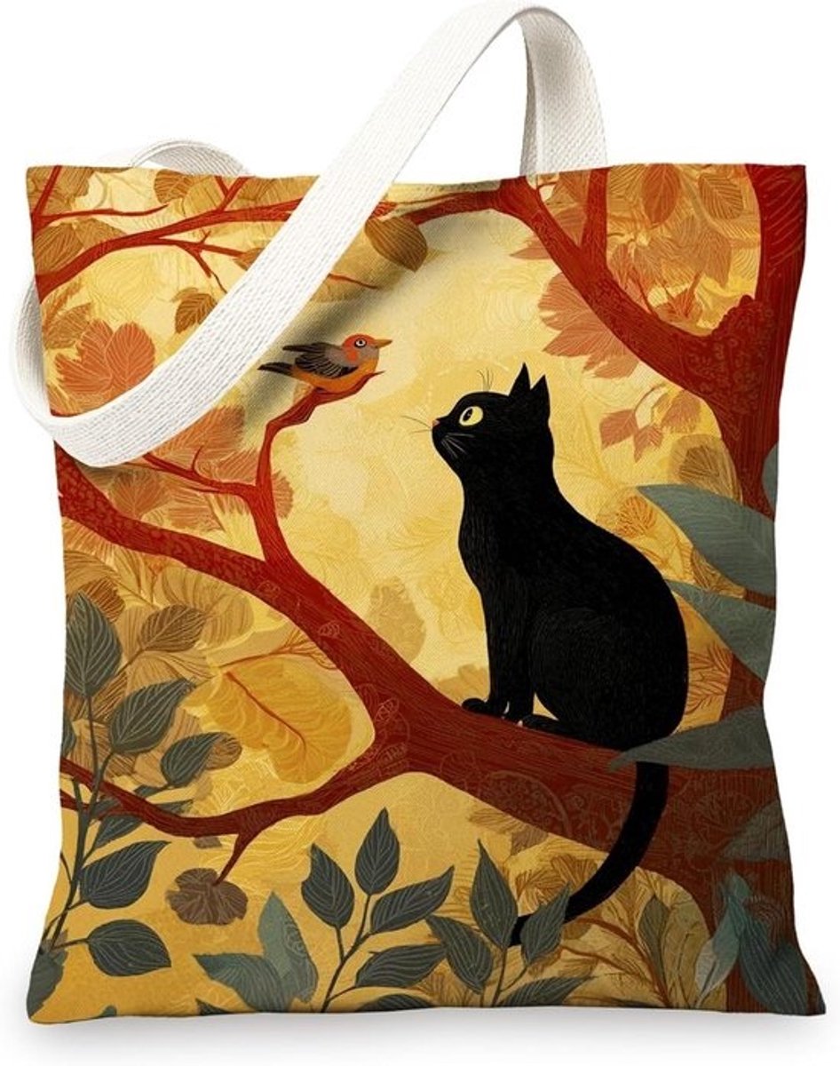 Canvas Draagtassen - Boodschappentassen Herbruikbaar - Dagelijkse Boodschappen - Artistiek Kat Vogel Design - Niet gespecificeerd - Niet gespecificeerd