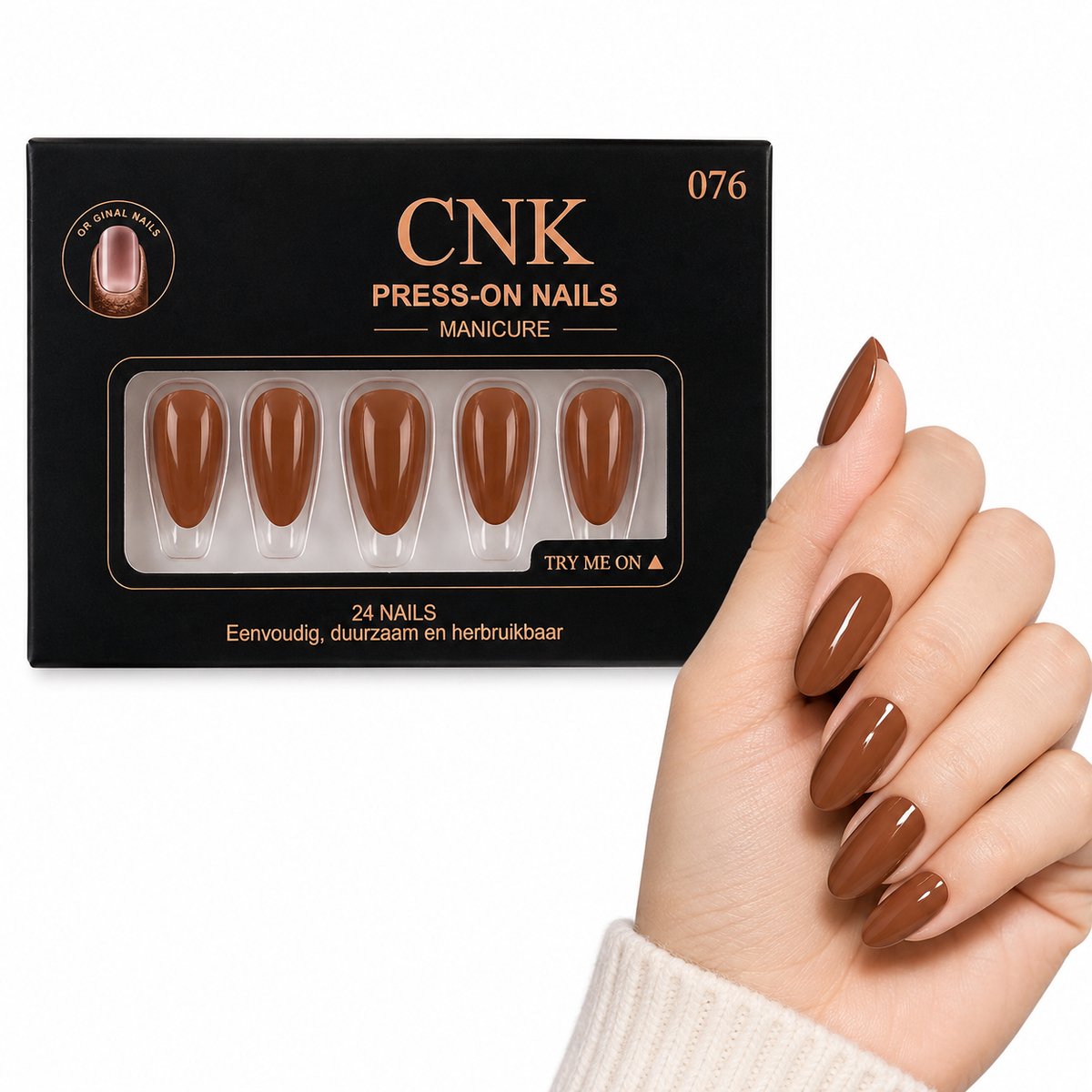 CNK 076 Press On Nails - Plaknagels - 24 Kunstnagels met Nagellijm, 24 Zelfklevende Plakstickers, Cleaner Wipe, Nagelvijl, Woodstick & Size Matcher - Nepnagels voor 7-14 Dagen - Herbruikbare Press-On Nagels - Starterspakket voor Manicure & Nail Art