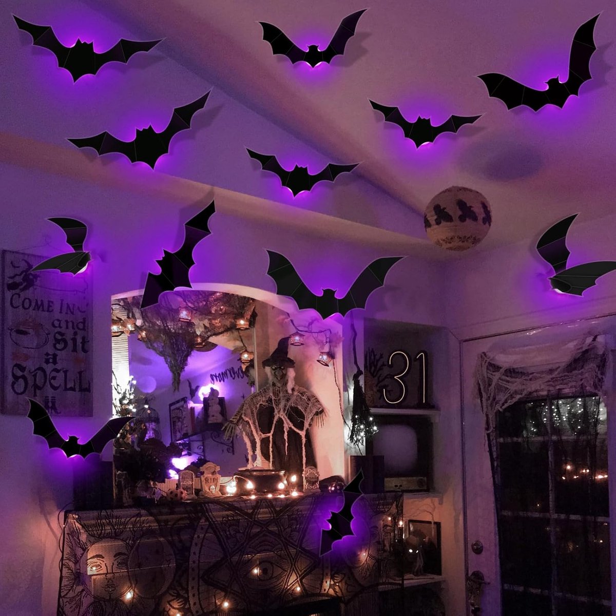 Halloween Decoratie - LED Vleermuis 3D - Waterdichte Binnen- en Buitendecoratie - Zelfklevend - Zwart - 12 stuks