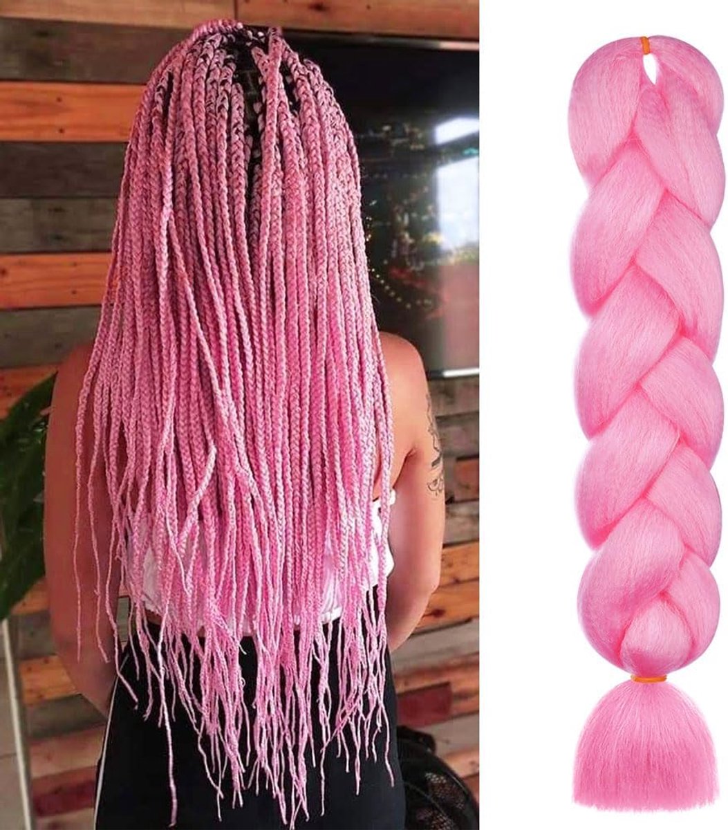 1 stuk roze gevlochten haar pre-stretched - Kleurrijke Haarverlenging - pre-stretched vlecht - paardenstaart extensies - DIY - roze haarverlenging - gemiddeld tot lang haar - geschikt voor podium, feest, Halloween, kostuumrollenspel - 60 cm - roze