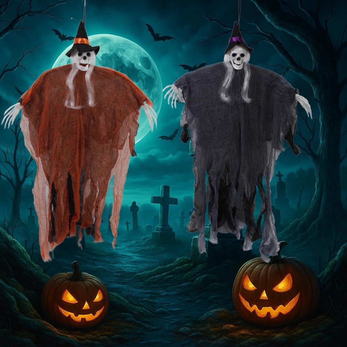 Halloween Hangdecoratie - Griezelige Skelet, Heks, Spook en Doodskop - Voor Binnen en Buiten - Met Ophangtouw - 75x55x8 cm - 2 stuks
