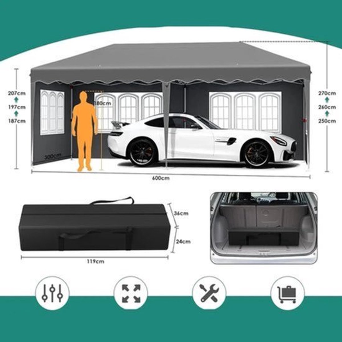 Tuinpaviljoen - Partytent - Partytenten - Paviljoen - Easy up Partytent - 3x6m - Waterdicht - Opvouwbare - Inclusief 4 Zijpanelen – Ideaal voor Evenementen, Feesten en Bruiloften – Donkergrijze Afwerking