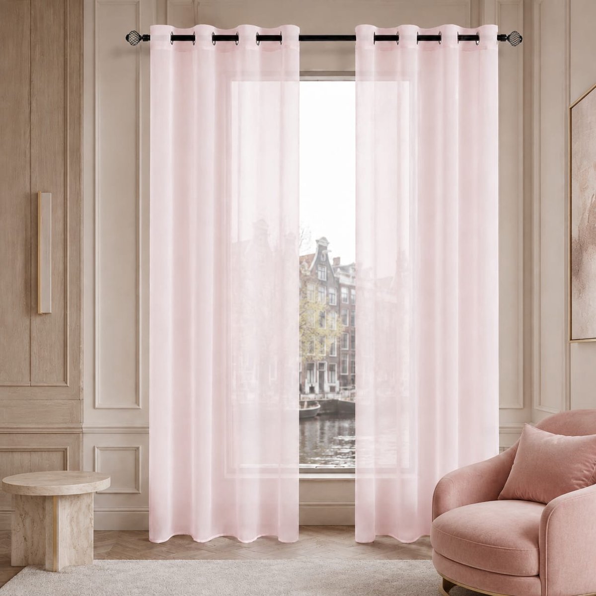 Lano&Go Vitrage gordijn met ringen, 2 stuks, 140 x 245 cm, babyroze