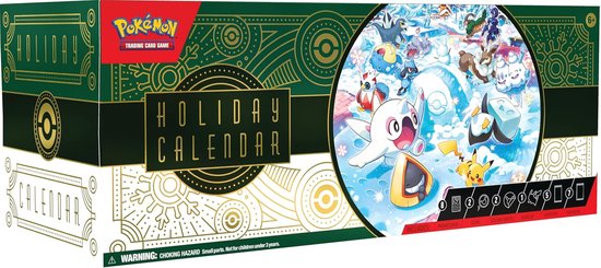 Pokémon TCG Holiday Calendar doos met winterse Pokémon-illustraties, gouden patronen en de tekst 'Holiday Calendar'.