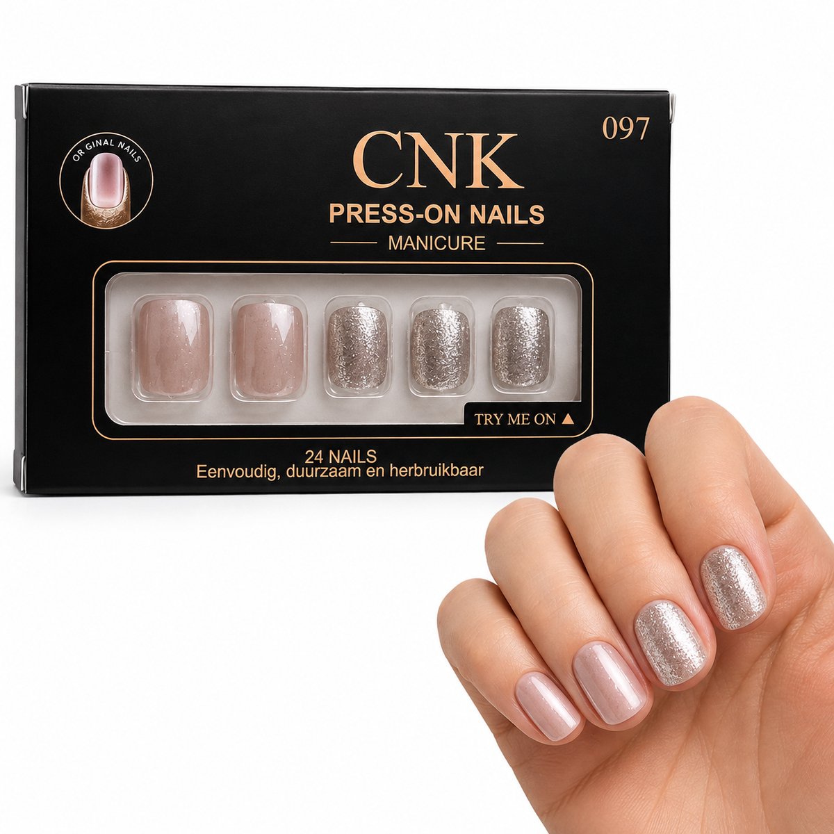 CNK 097 Press On Nails - Plaknagels - 24 Kunstnagels met Nagellijm, 24 Zelfklevende Plakstickers, Cleaner Wipe, Nagelvijl, Woodstick & Size Matcher - Nepnagels voor 7-14 Dagen - Herbruikbare Press-On Nagels - Starterspakket voor Manicure & Nail Art