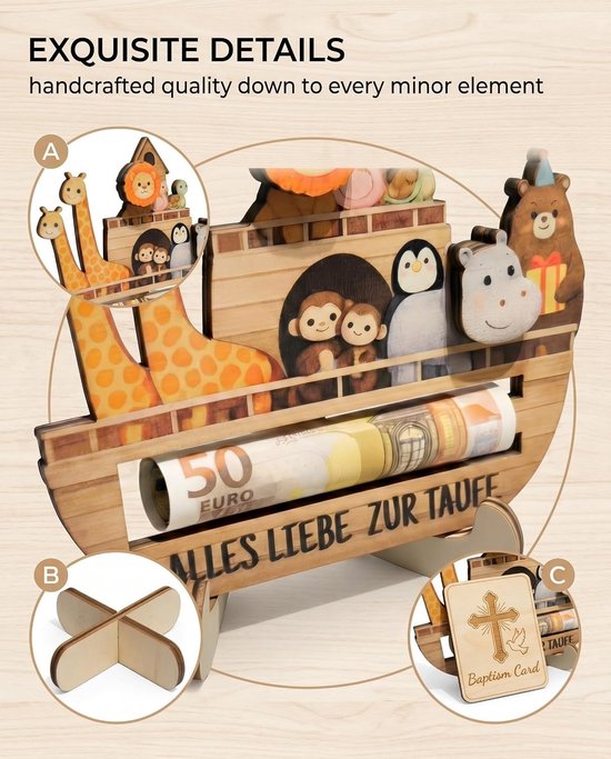 Houten doopgeschenken voor jongens en meisjes, duurzaam geldcadeau met doopkaart en envelop, perfect voor emotionele rituelen en blijvende herinneringen — afbeelding 2