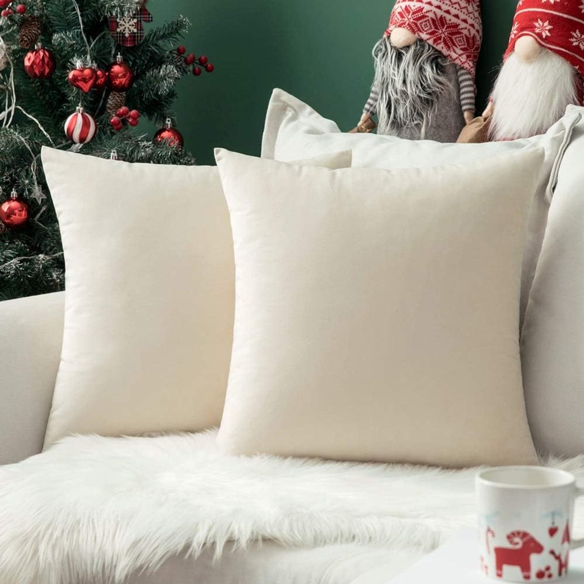 Set van 2 Luxe Velours Decoratieve Vierkante Kussenhoezen voor Woonkamer en Slaapkamer met Onzichtbare Rits - 35x35 cm, Crème Wit, Perfect voor Interieurdecoratie en Comfort