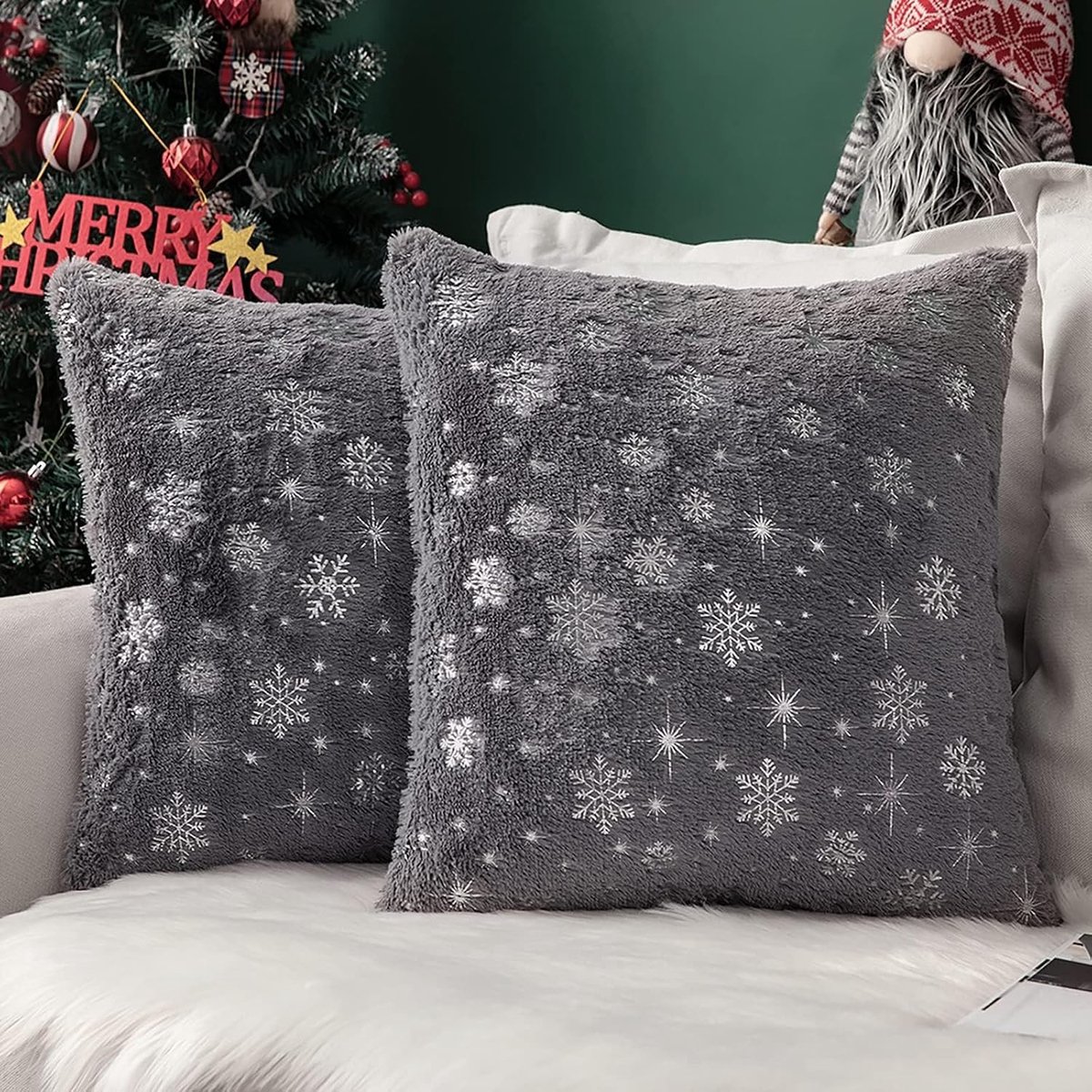 Kussenhoezen voor Kerstmis van Neppels met Zacht Polyester en Sneeuwvlokpatroon, Moderne Decoratie voor Woonkamer en Kantoor, Set van 2, 40 x 40 cm, Grijs