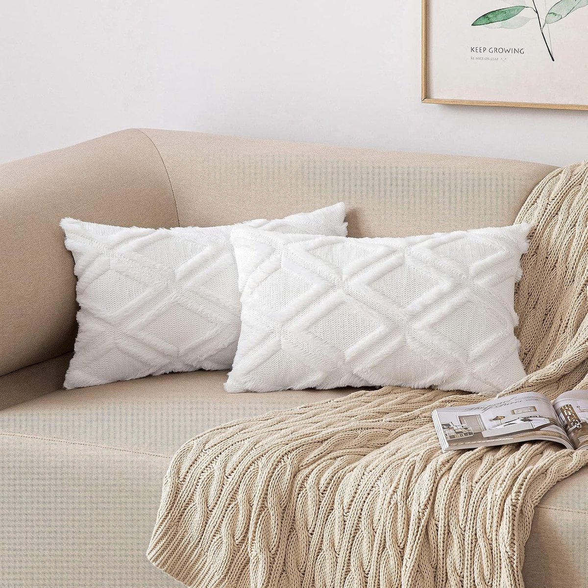 Set van 2 Boho Decoratieve Kussenhoezen van Wolvelvet voor Sofa en Slaapkamer 30 x 50 cm Wit, Luxe en Comfortabel
