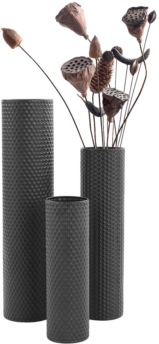 Vaas Set - 3 Stuks Met Honingraat Design - Zwart