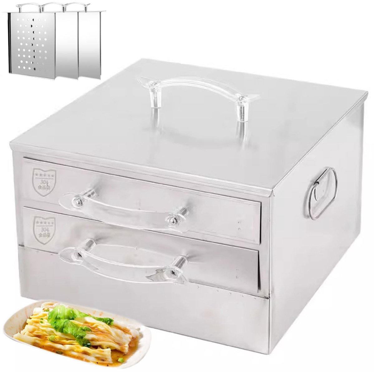Rijst Noodle Roll Steamer Machine - 2-laags roestvrijstaal met 3 lades