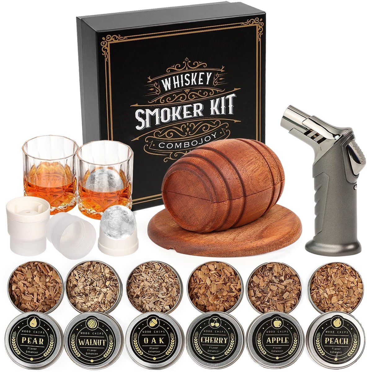 Whiskey Smoker Kit - 6 smaken houtchips, 2 glazen, 2 ijsballenvormen