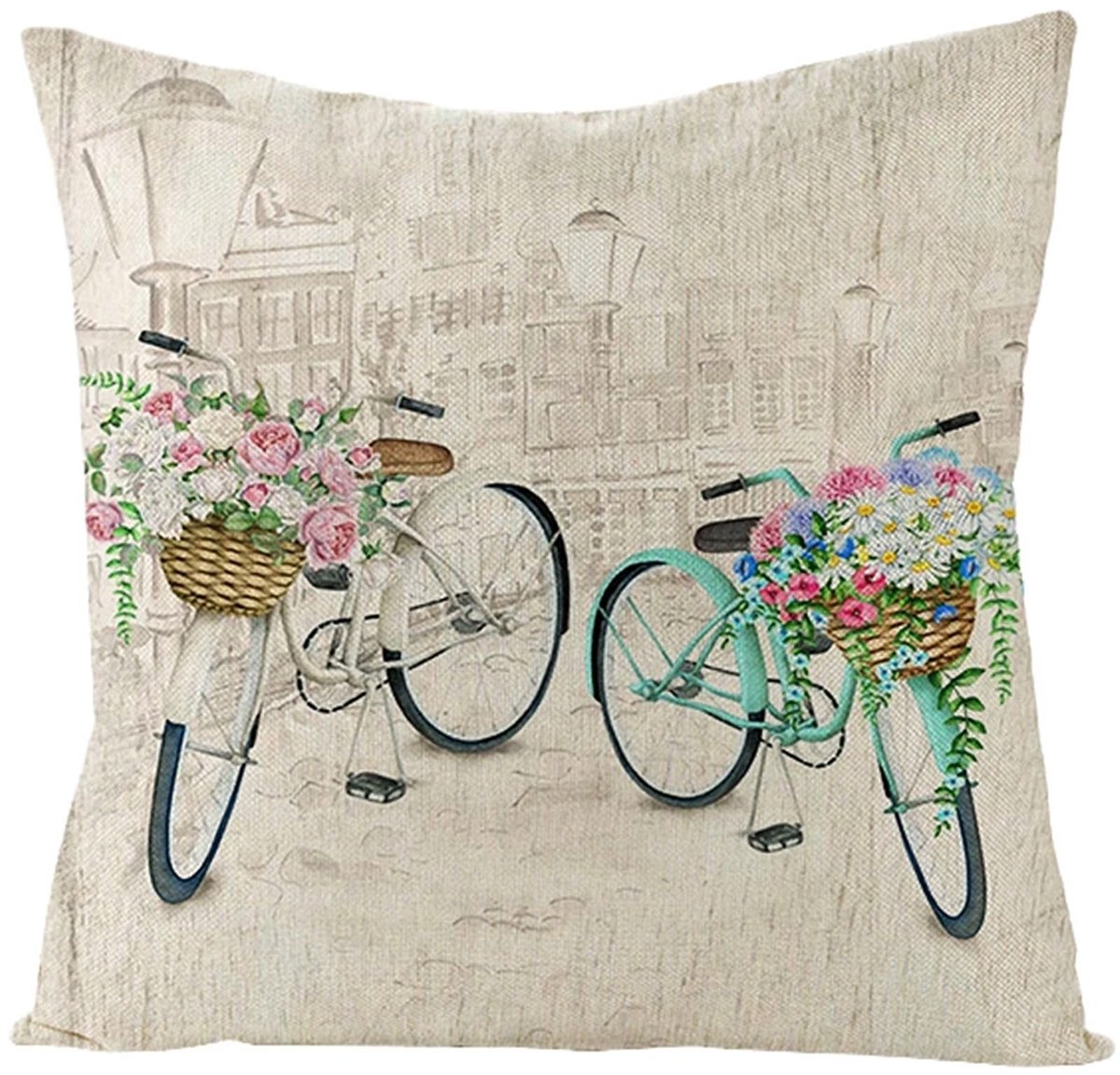 Decoratieve Kussenslopen - Twee Bloem Fietsen - Beige Roze