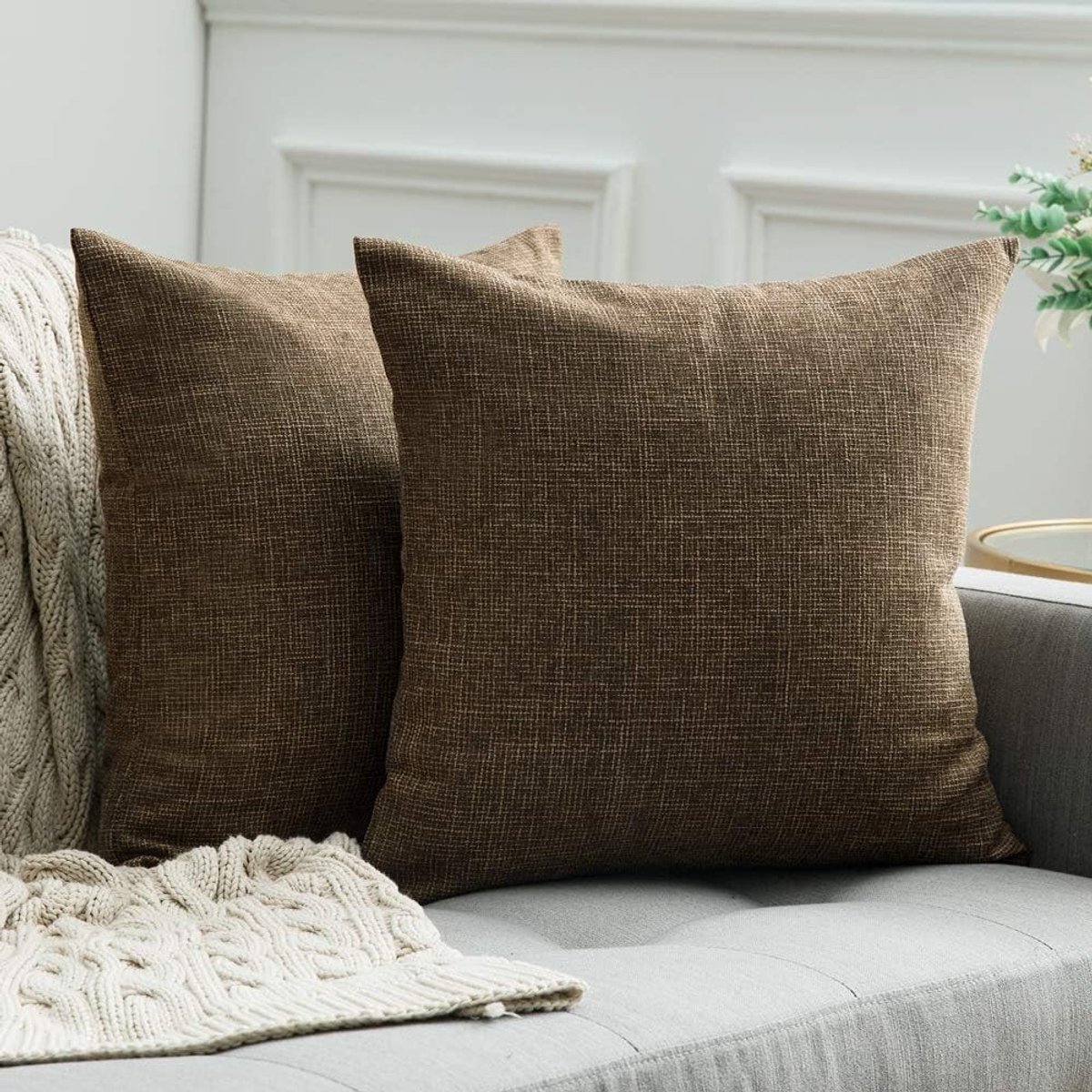 Set van 2 Decoratieve Kussenhoezen in Linnenlook, 40 x 40 cm, Donkerbruin, Ideaal voor Sofa en Slaapkamer, Met Verborgen Rits