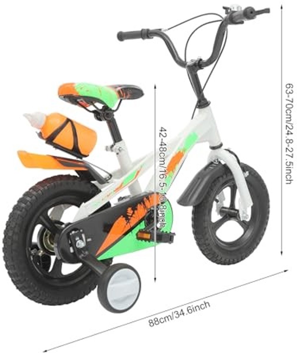 12 Inch Kinderfiets Trainingsfiets met Steunwielen en Waterfles Wit