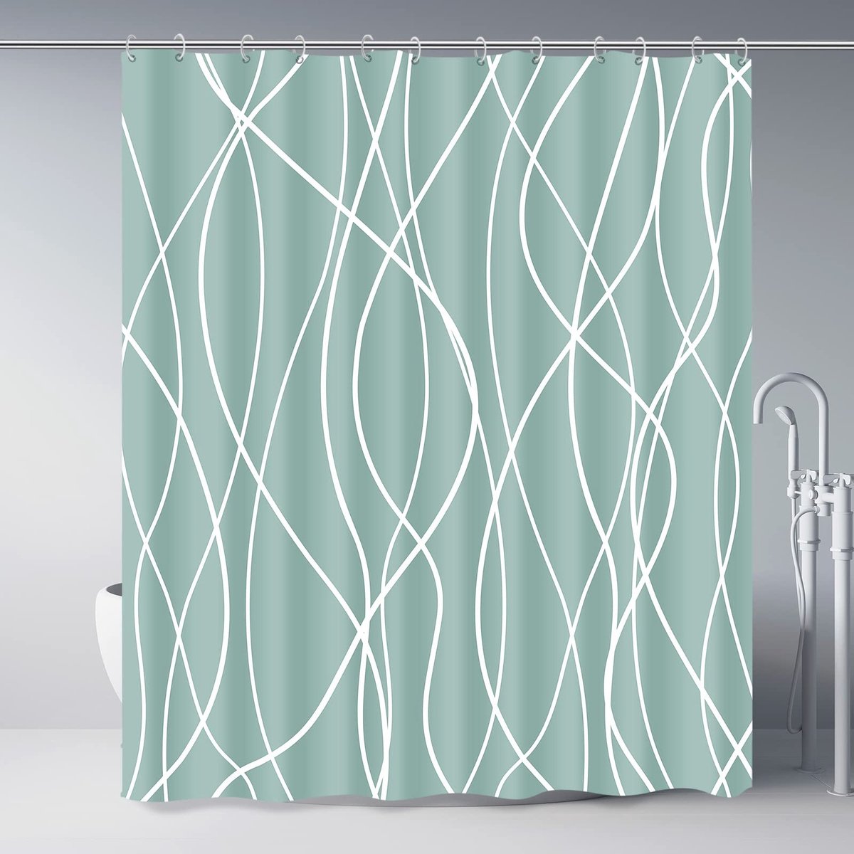 Douchegordijn - Lichtgroen met Witte Strepen en Haken - Waterafstotend en Wasbaar 183x183 cm