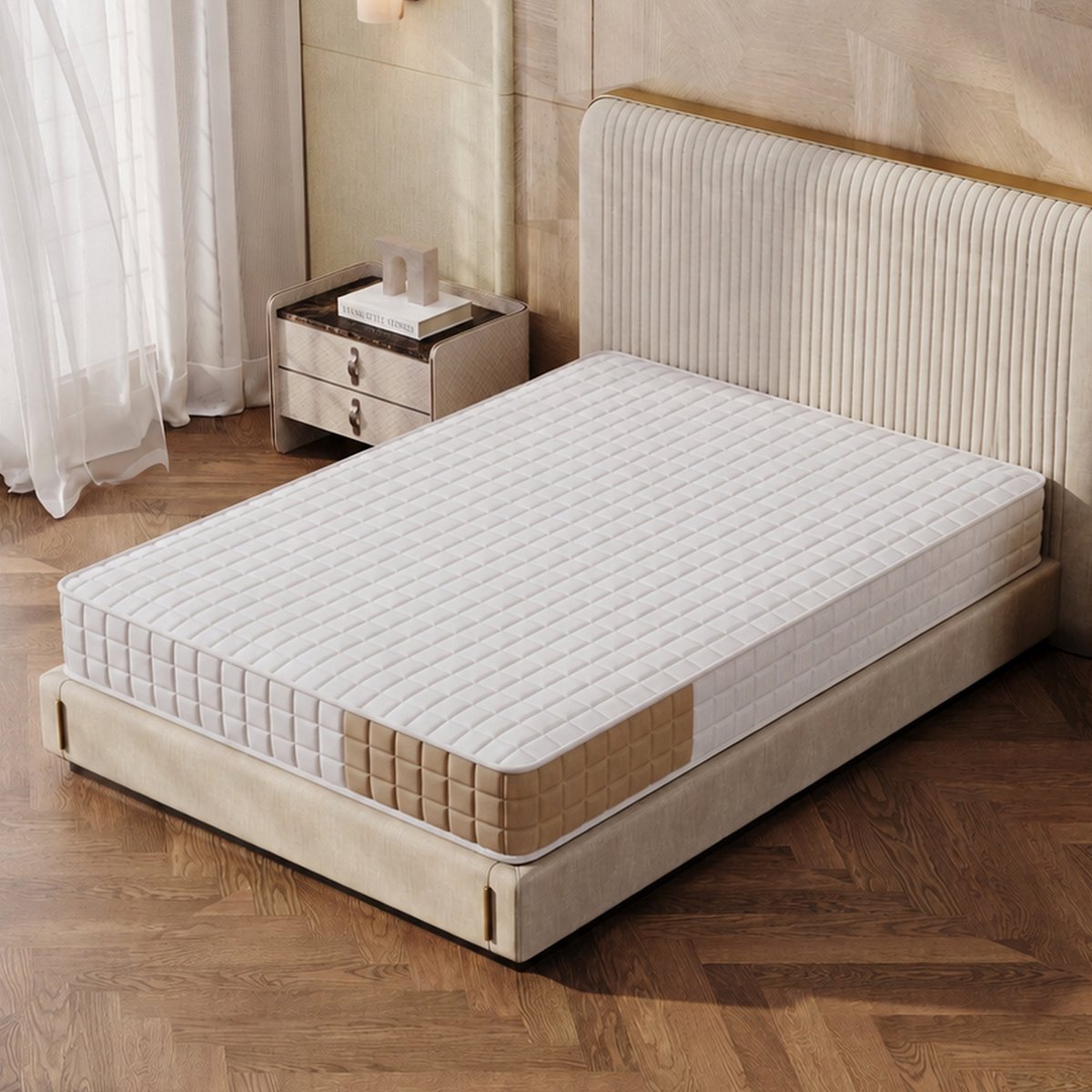 OLEYLUCKIDEA Oleylucklive - Matras 140x200 cm H3 - 7-zones orthopedische wervelkolomondersteuning - 25 cm hoogte - Gebreide stof - ademend & geruisarm Kaki/wit