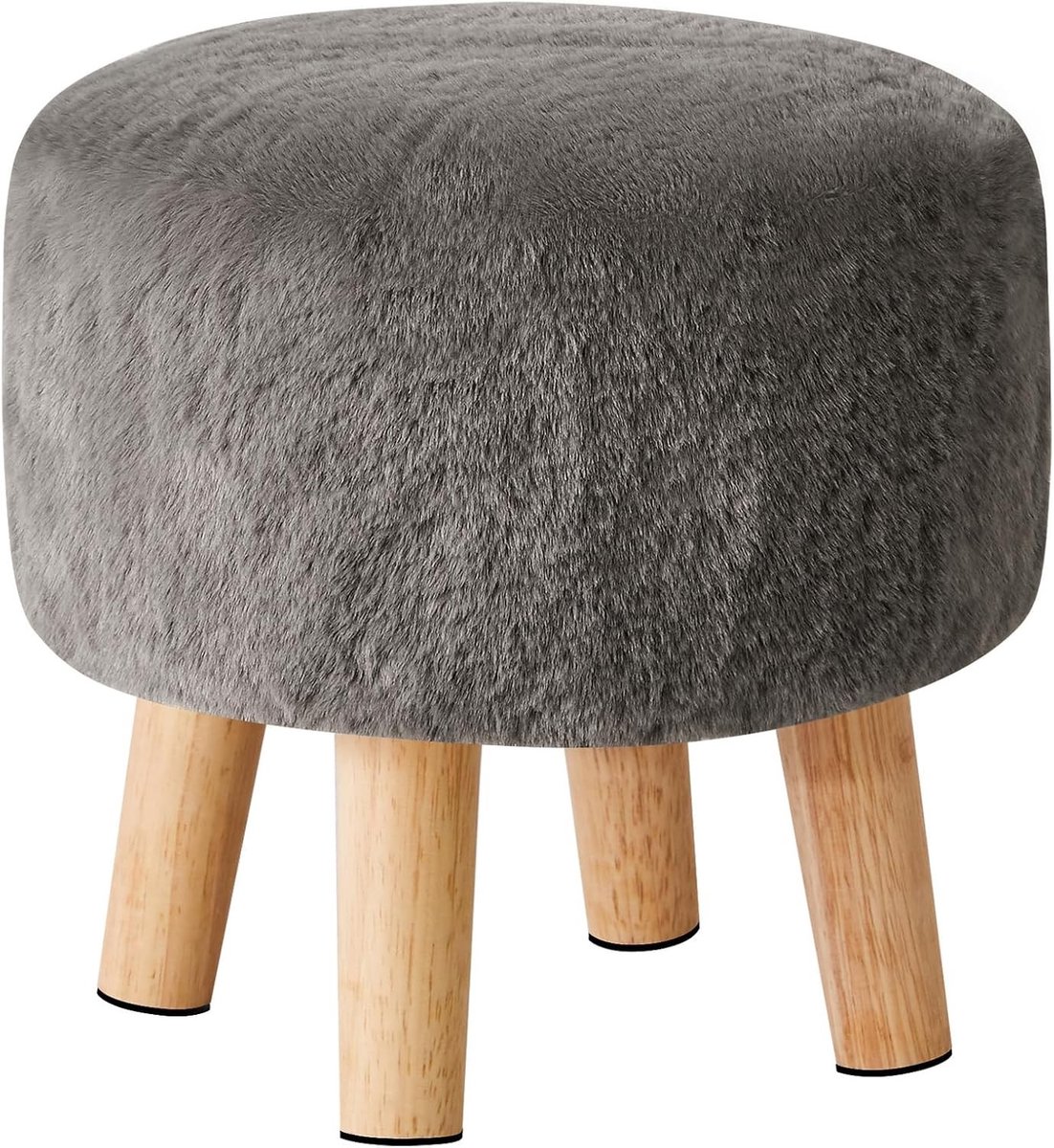 Ronde Poef en Voetenbank van Polyester met Antislip Houten Poten voor Woonkamer, Sofa en Entree - 32x32x32cm, Donkergrijs