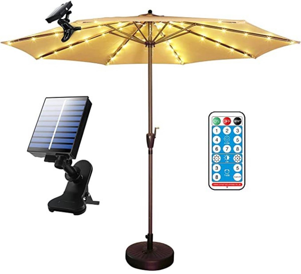 longziming - Solar Parasolverlichting IP67 - 104 LED's - 8 Lichtstanden - Warmwit - Parasol Lichtsnoer met Afstandsbediening - Voor Tuin, Camping, Tent en Buiten