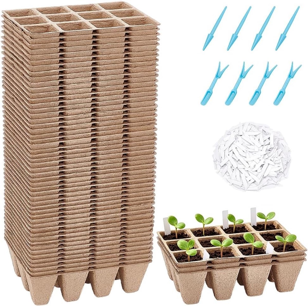 Biologisch afbreekbare zaaitrays met 720 cellen, 600 labels en 2 transplanters voor zaailingen en tuinplanten