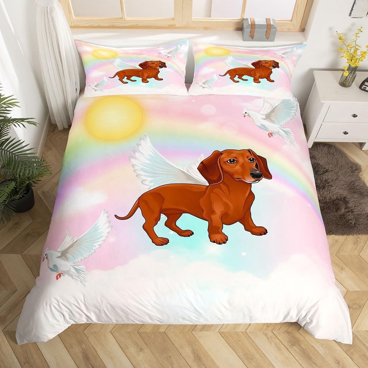 Leuke Teckel Hond Dekbedovertrek voor Kinderen, Aquarel Duif en Regenboog Tie Dye Slaapkamer Decor voor Jongens en Meisjes