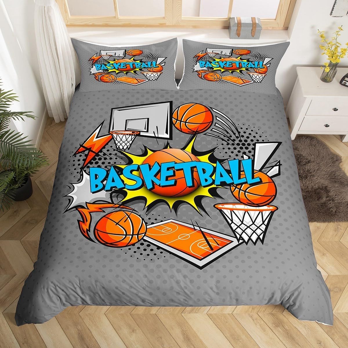 Basketbal Dekbedovertrek Set voor Kinderen en Tieners, Sportief Beddengoed met Geometrische Stippen en Oranje Grijs Design, Perfect voor Jongens Kamer Decoratie