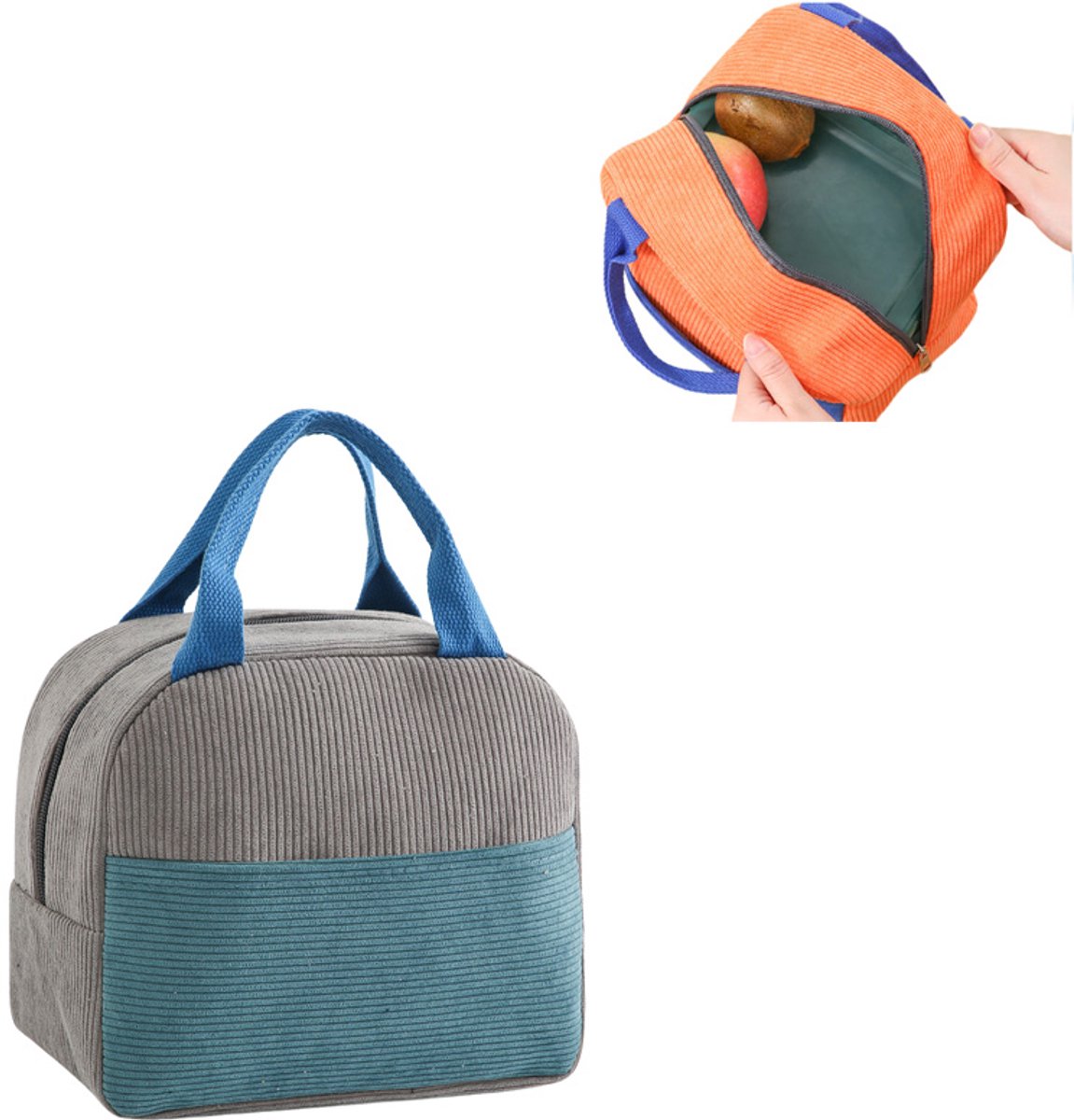 lunchtas-lunchtas koeltas- Draagbare Koeltas- Geïsoleerde Lunch Tas-lunchtas kinderen -lunchtas volwassenen- Geïsoleerde tas -Thermal Bag - Kleine Lunchkoeler- Unisex- Corduroy- Voor Picknicks, Kamperen, Werk, Het Dagelijks Leven-Grijsblauw