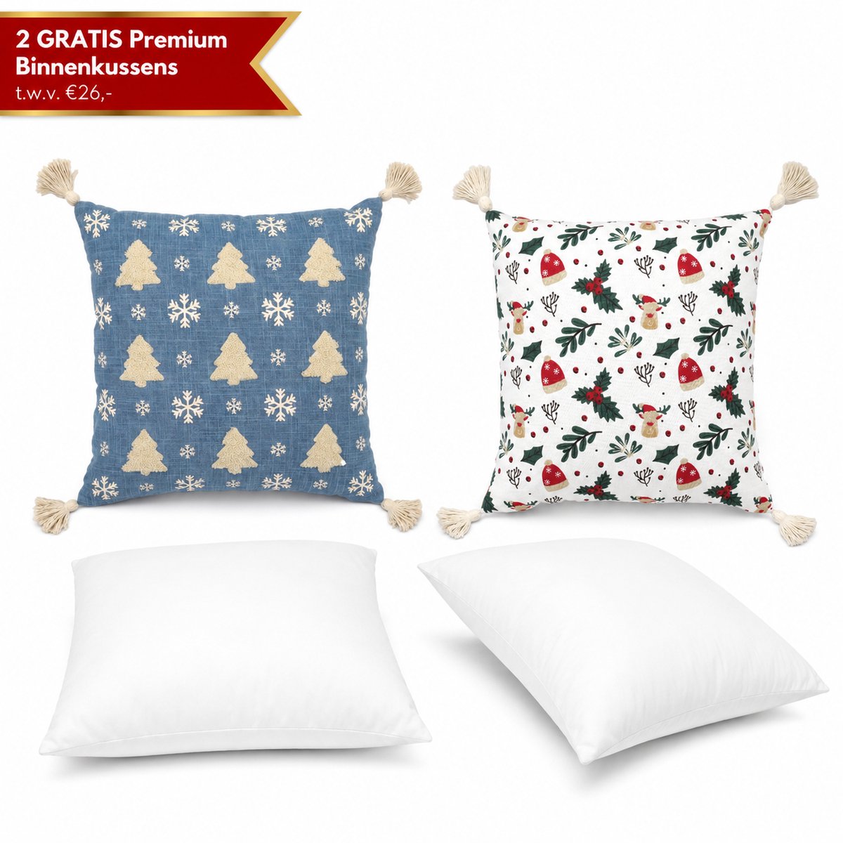 Urbane Hide Kerstkussen Set van 2 Kussenhoezen incl. Gratis Kussenvulling - Kerst Kussenhoes - Kussenhoesjes Vierkant - Kerstkussens met Kerstboom en Rendier Sierkussen - 45x45 cm - Katoen en Polyester - Voor Binnen - Wit/Blauw Blauwe Kerst