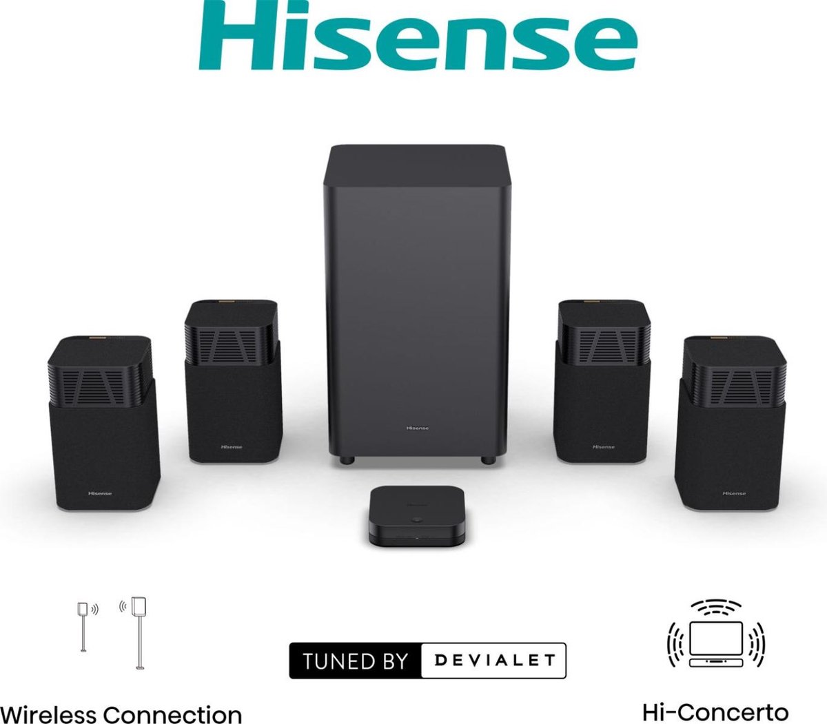 Hisense HT Saturn – Soundbar met draadloze subwoofer en draadloze surround speakers - 4.1.2 kanalen – 720W – Dolby Atmos