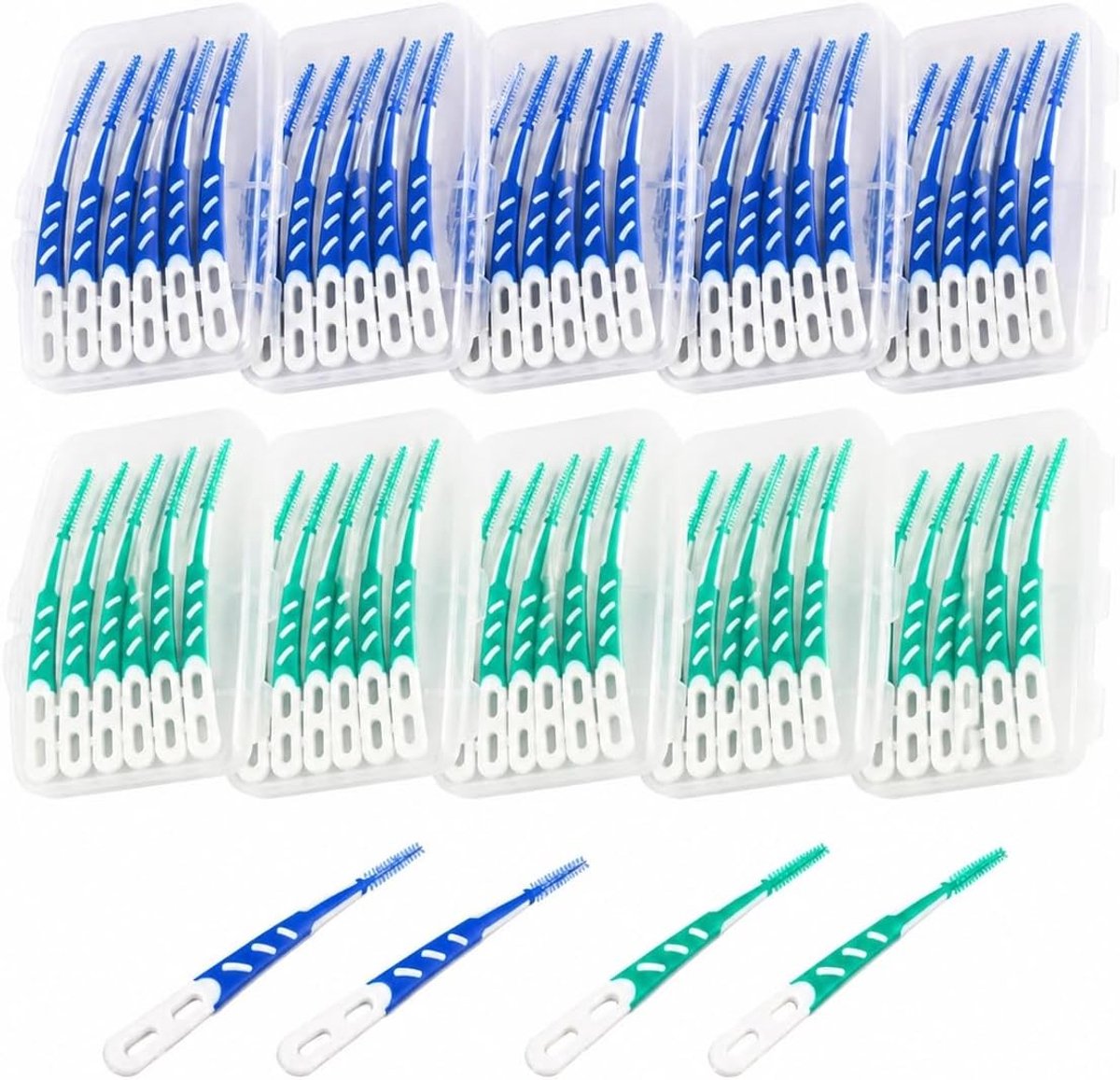 Interdentale borstels zonder draad, 120 stuks, silicone tandenreinigers voor effectieve mondhygiëne, plastic tandenstokers in blauw en groen voor dagelijks gebruik