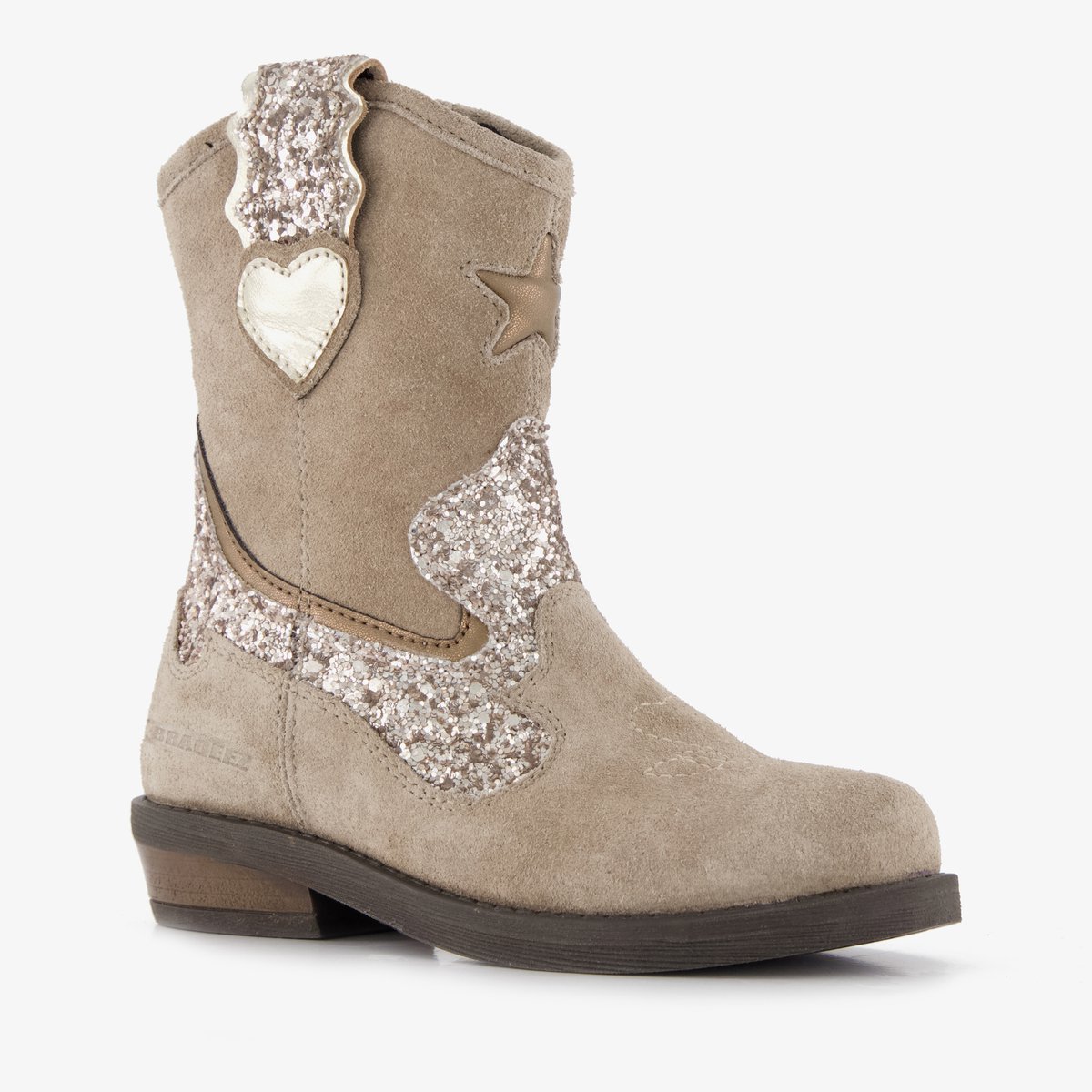 Braqeez suède meisjes cowboylaarzen met glitter taupe - Beige - Echt leer - Maat 27