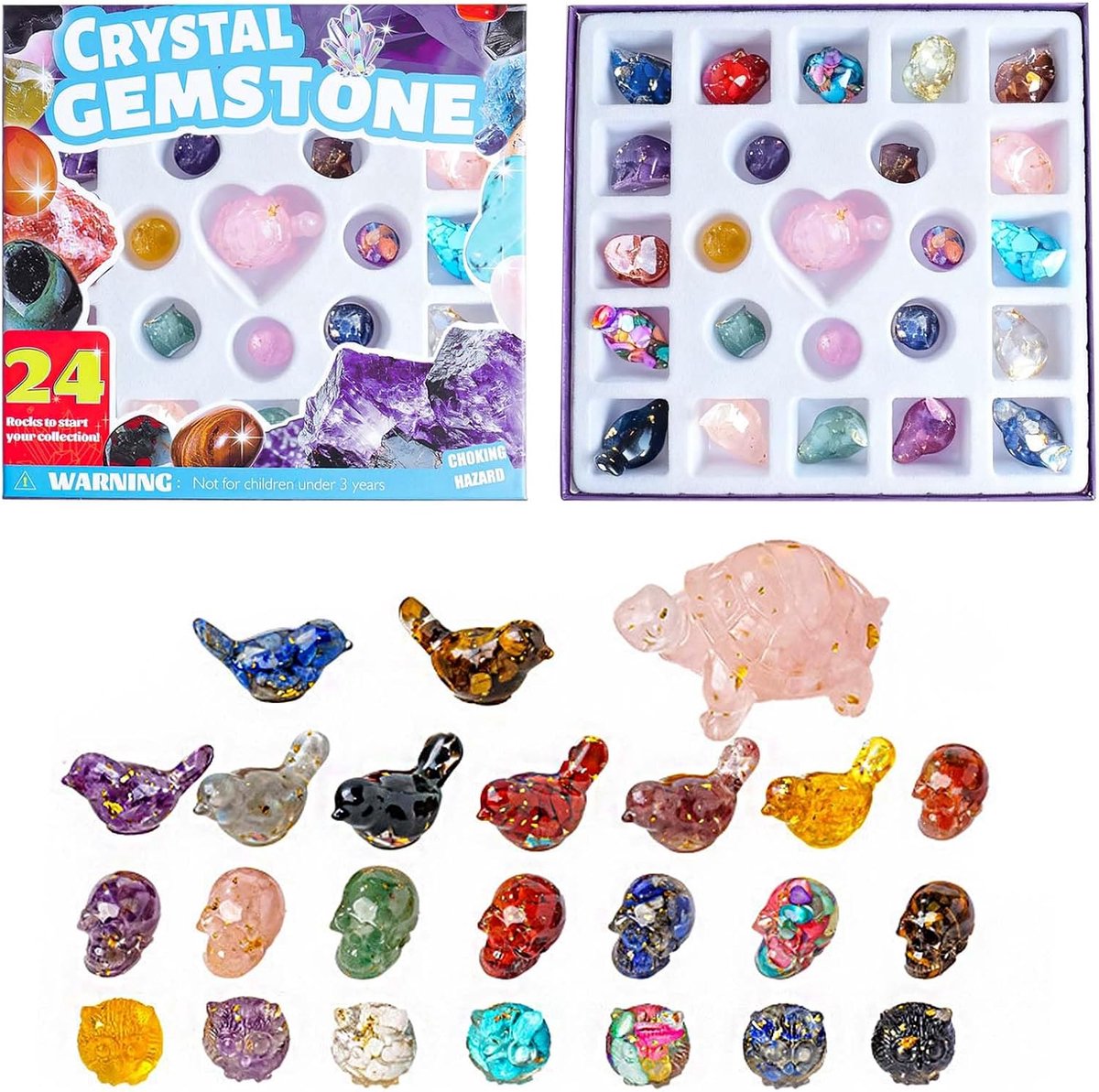 kerstmis - Kristallen adventskalender 2026 - kerstmis decoratie - 24 stuks willekeurige edelstenen - mineralen en fossielen - kerstkalender (Stijl-2-24 harskristallen)