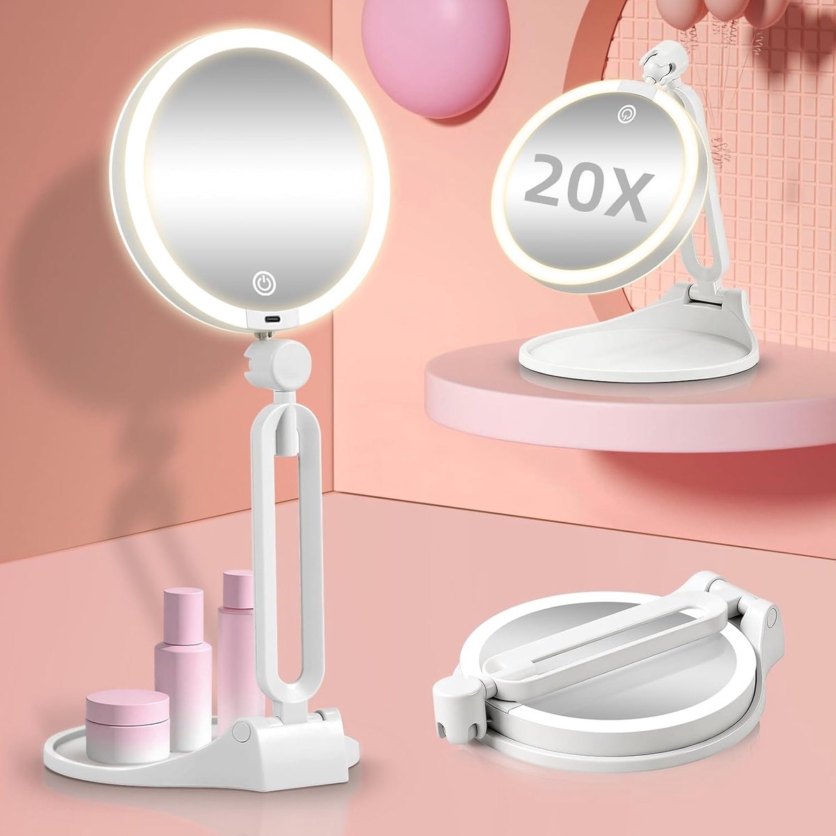 YAGXIG Cosmetische spiegel - Verlicht vergrootglas 20x/1x - Dubbelzijdige cosmetische spiegel voor op reis - Verlichting en vergroting - Dimbaar in 3 kleuren - Oplaadbaar - Groot 6" formaat - Opvouwbaar ontwerp - 360° verstelbare hoek - Wit