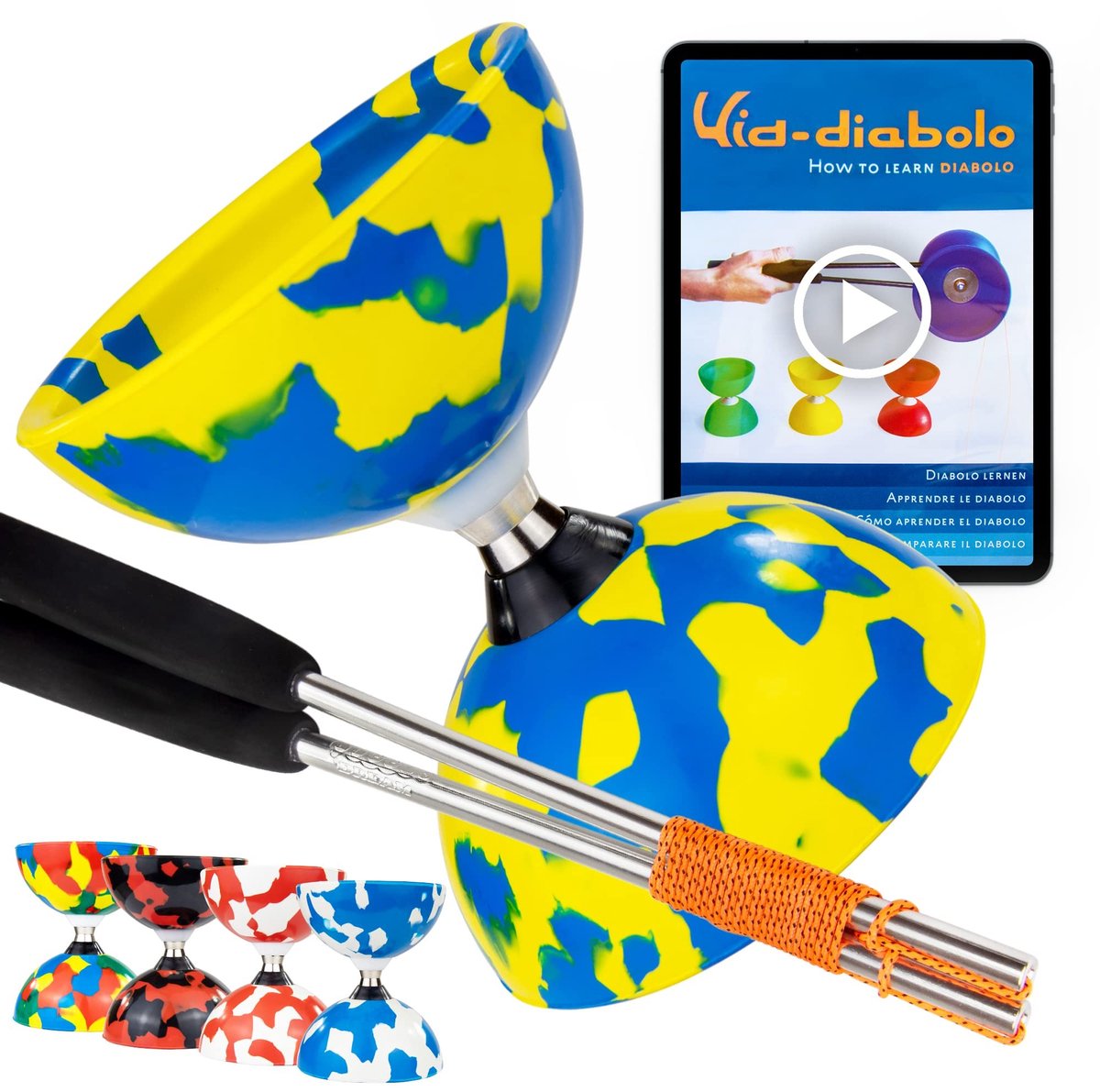 Juggling Set met Diabolo en Aluminium Stokken - Blauw/Geel