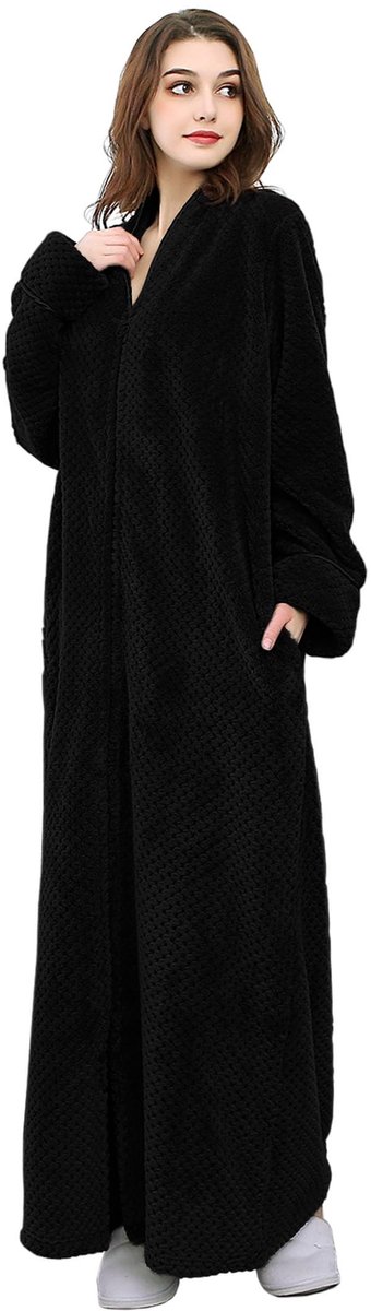Dames Fleece Badjas - Lange Zipper met Capuchon - Zwart
