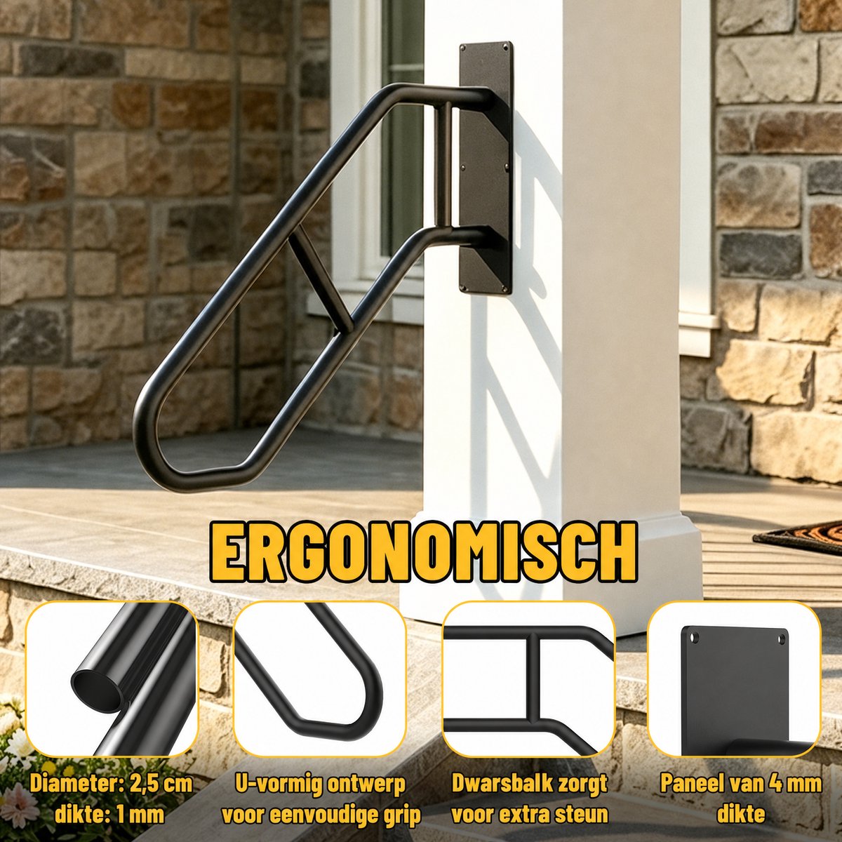 Arvioo‑Trapgreep‑buiten‑66cm‑mat‑zwart‑muurgemonteerd‑hoog‑draagvermogen‑EU‑gepatenteerd