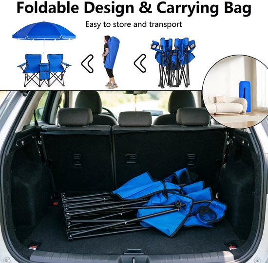 VILIMA - Opvouwbare campingstoel - Opvouwbare kampeerstoelen - Visstoelen - 2 stuks - Incl. parasol en opbergtas - 2 bekerhouders - Waterdicht - Blauw — afbeelding 5