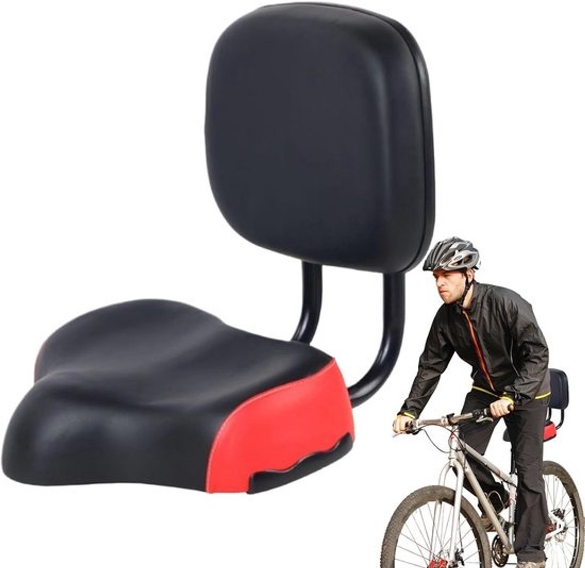 Fietszadel met rugleuning - Breed comfortzadel - Comfortabel fietsen - Ergonomisch aanpasbaar - 30x24cm zitting - Rood