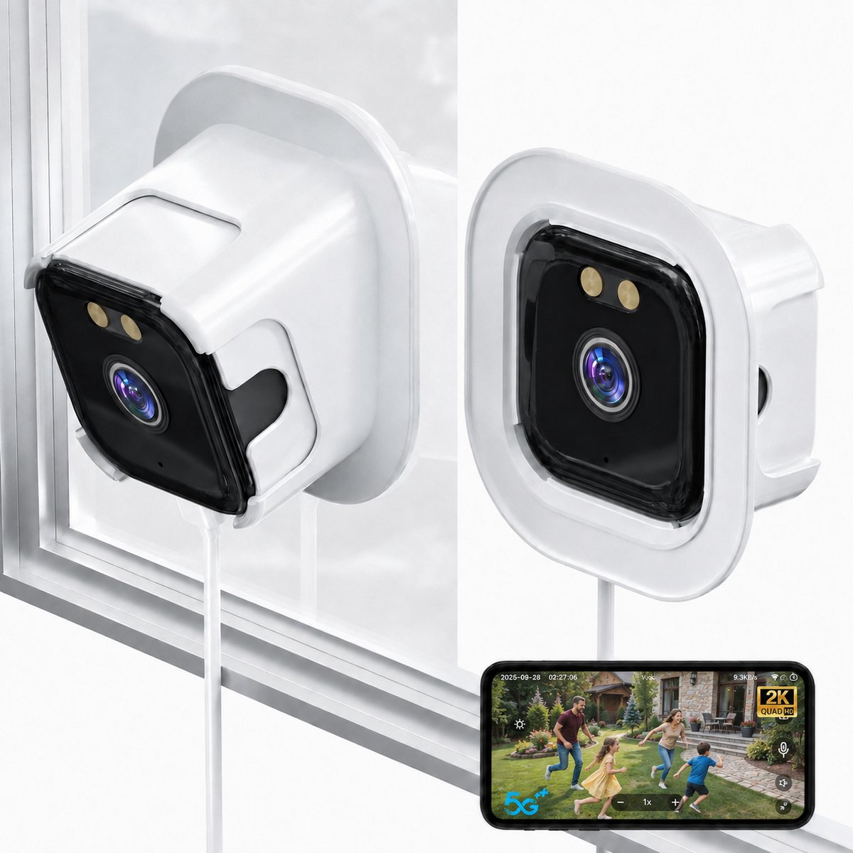 Raamcamera 2K voor Binnen aan het Raam - Camera voor op Raam - Beveiligingscamera met 2.4GHz en 5GHz WiFi Nachtzicht en Bewegingsdetectie - Tweeweg Audio