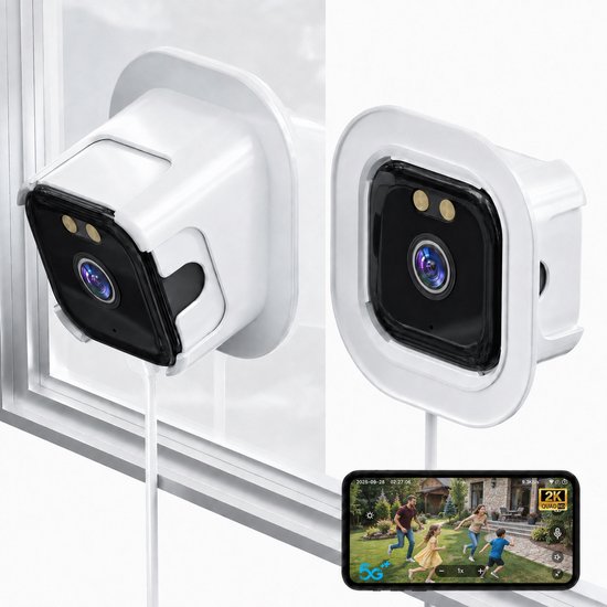 2K raamcamera met witte montagebeugel, gemonteerd op een raam, met weergave op smartphone.