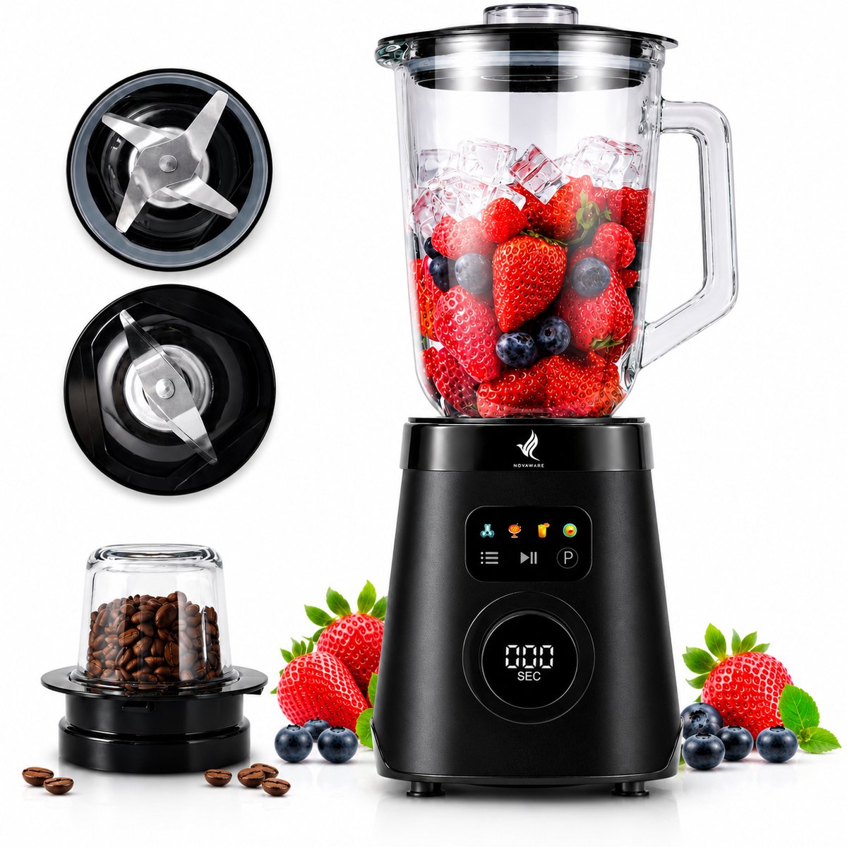 NovaWare Blender – 1.5L – Met Koffiemolen / Bonenmaler Functie 250ML - Smoothie Maker - 1000W - Met Display - Glas - Zwart