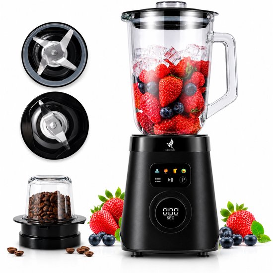 Zwarte NovaWare blender met glazen kan gevuld met ijs, aardbeien en bosbessen. Inclusief losse messen, koffiemolen en display.